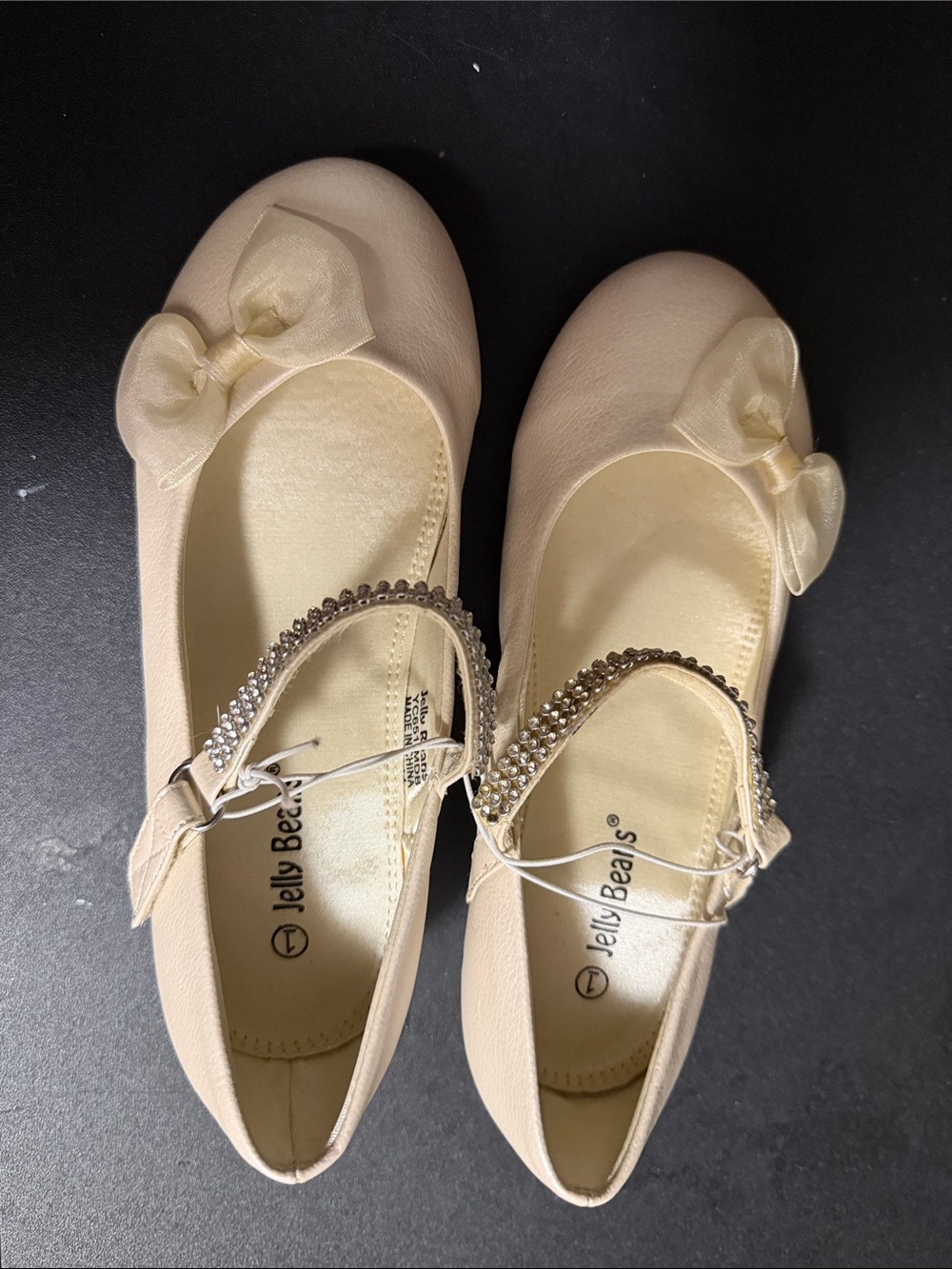 Jelly Beans Cream Bow Mary Jane Flats with Rhinestone Strap Accen